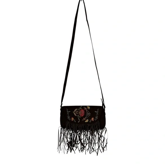 Boho Fringe Crossbody Bag Brown Suede Embroidered Floral Festival Hippie Purse - Picture 1 of 10